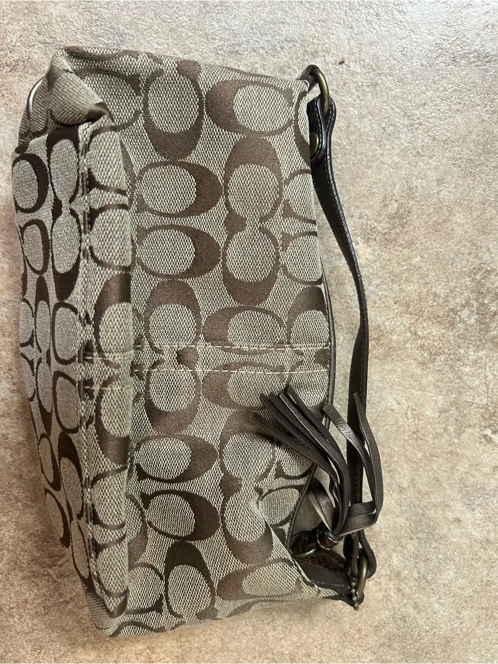 Coach Khaki and Brown Signature Jacquard Wristlet with Tassel